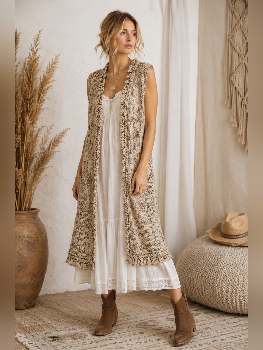 JOYCE Chunky Knit Long Vest Cardigan Boho Duster Cozy Layering Piece ✨